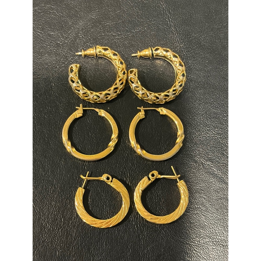 Gold Tone Hoop Earrings Set 3 Pairs Lattice Twisted Rope Textured Polished Mixed
